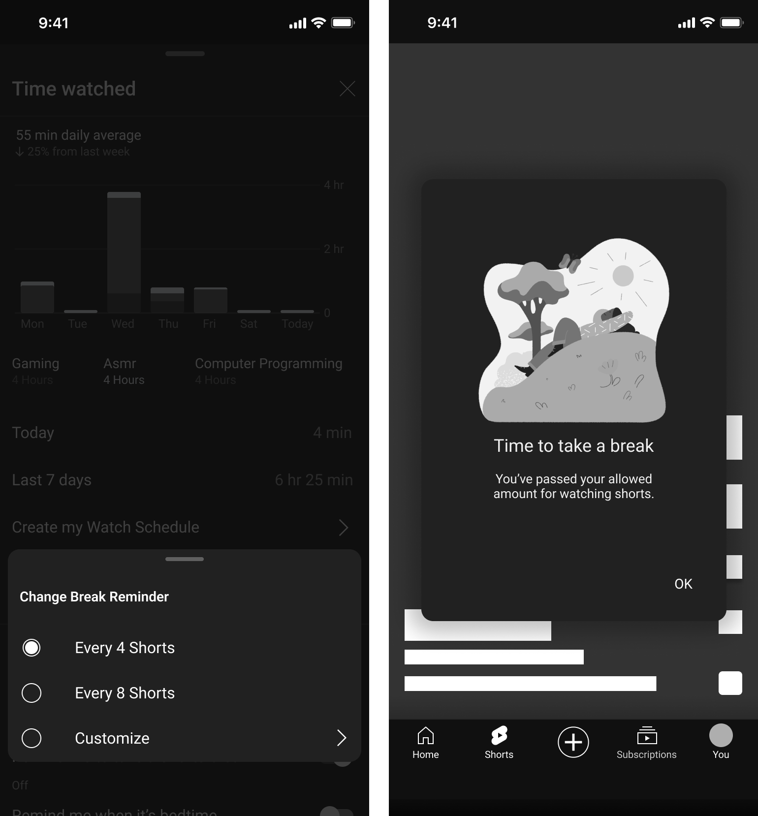 Mid-fi screens for Shorts break reminder flow