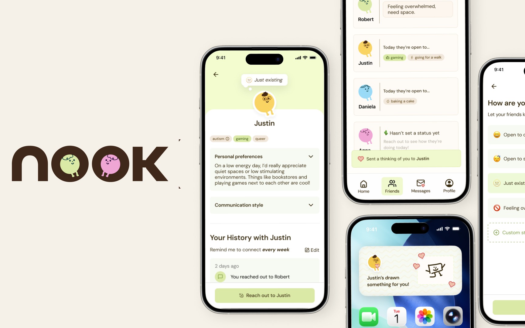 Nook logo beside app screens: friend profile, friends list, and lock-screen widget