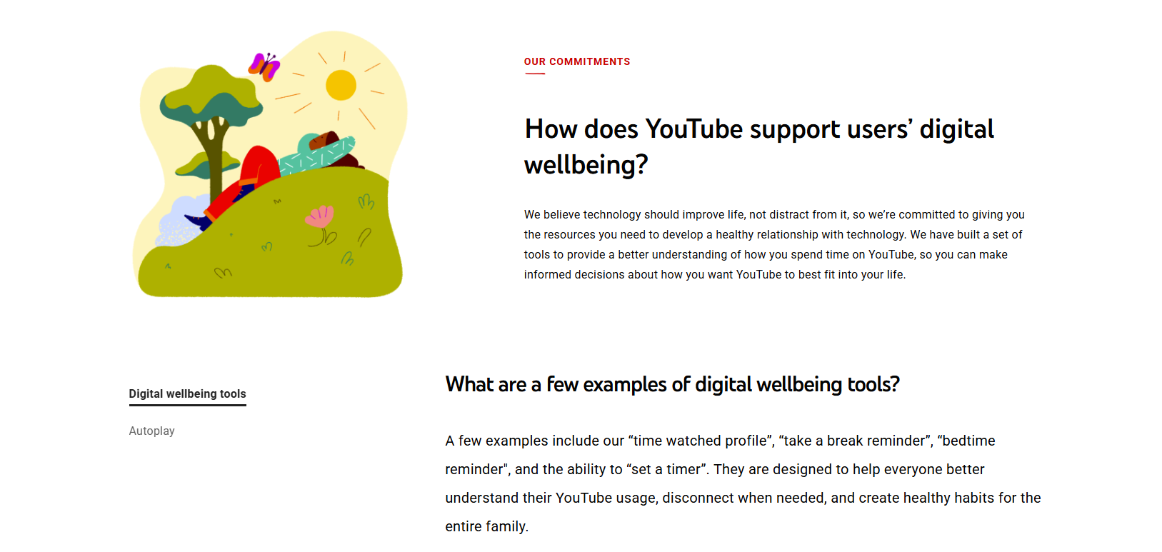 YouTube's Our commitments page on digital wellbeing