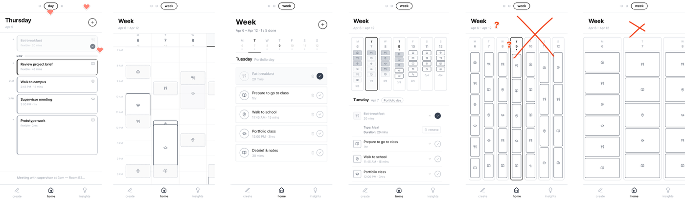 Mid-fidelity day and week view iterations