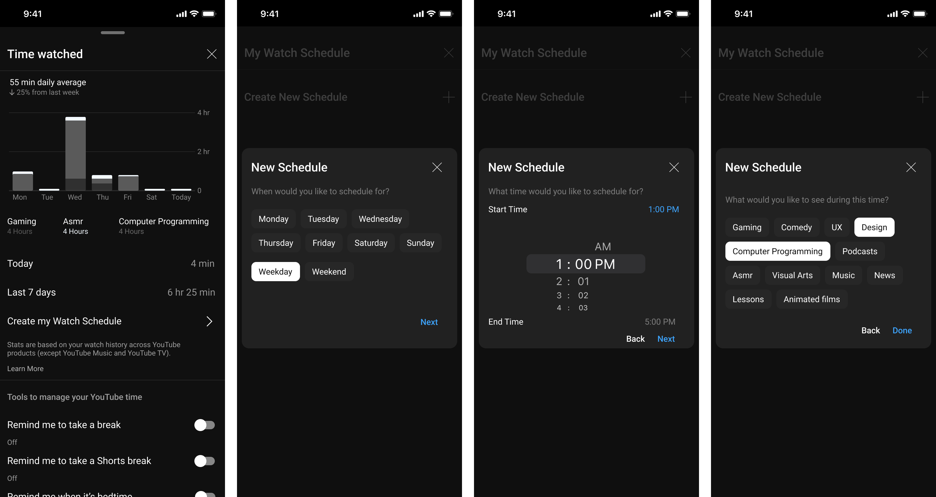 Mid-fi screens for watch schedule flow